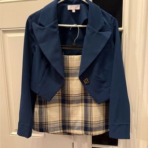 Blue Rain Girls Navy Blue and Cream Plaid Matching Set